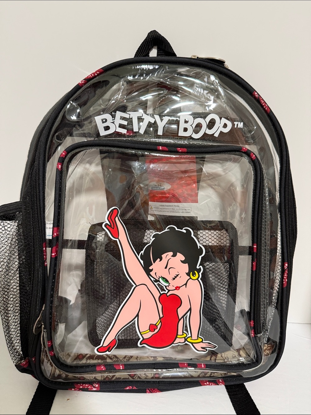 Betty Boop Large Clear Backpack with Black Trim and Red Graphic